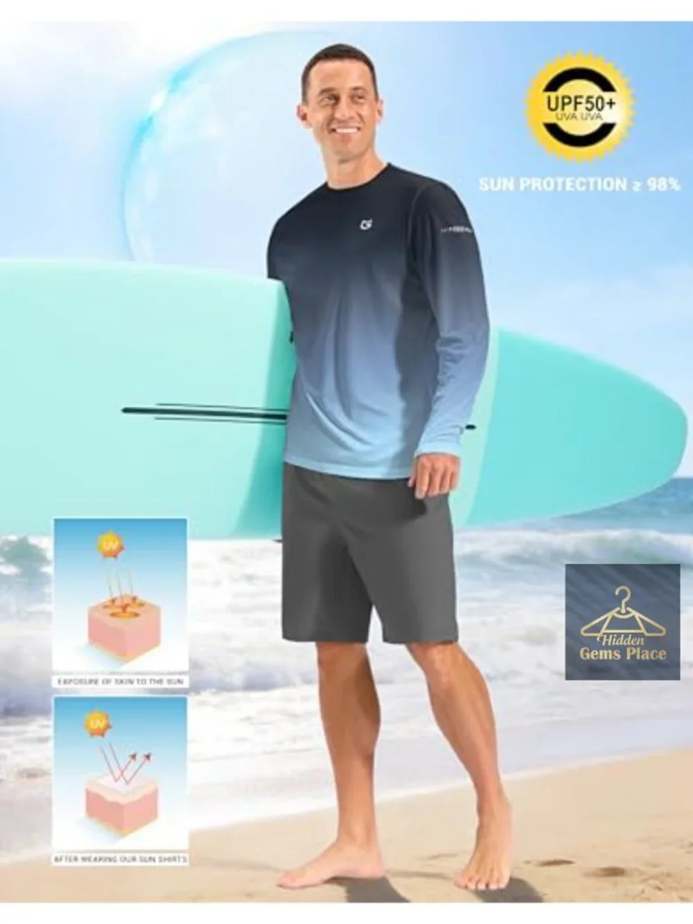 Men's UPF 50+ Long Sleeve Rash Guard Shirt Sun Protection Swim Shirt